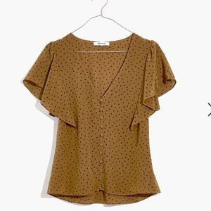 Madewell size 4 medium Silk Carmelina Flutter-Sleeve Top in Polka Dot green